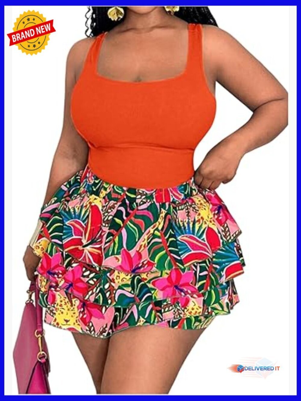Plus Size 2 Piece Summer Outfit Tank Top and Ruffle Shorts Set
